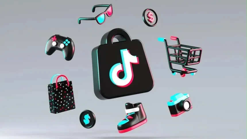 Ecossistema TikTok Shop com produtos, sacola e carrinho